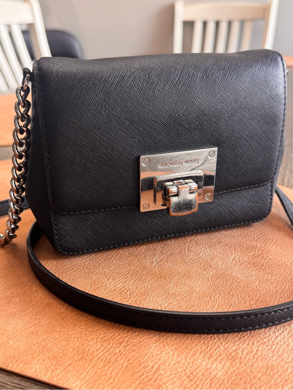 Michael Kors Black Saffiano Leather Chain Crossbody